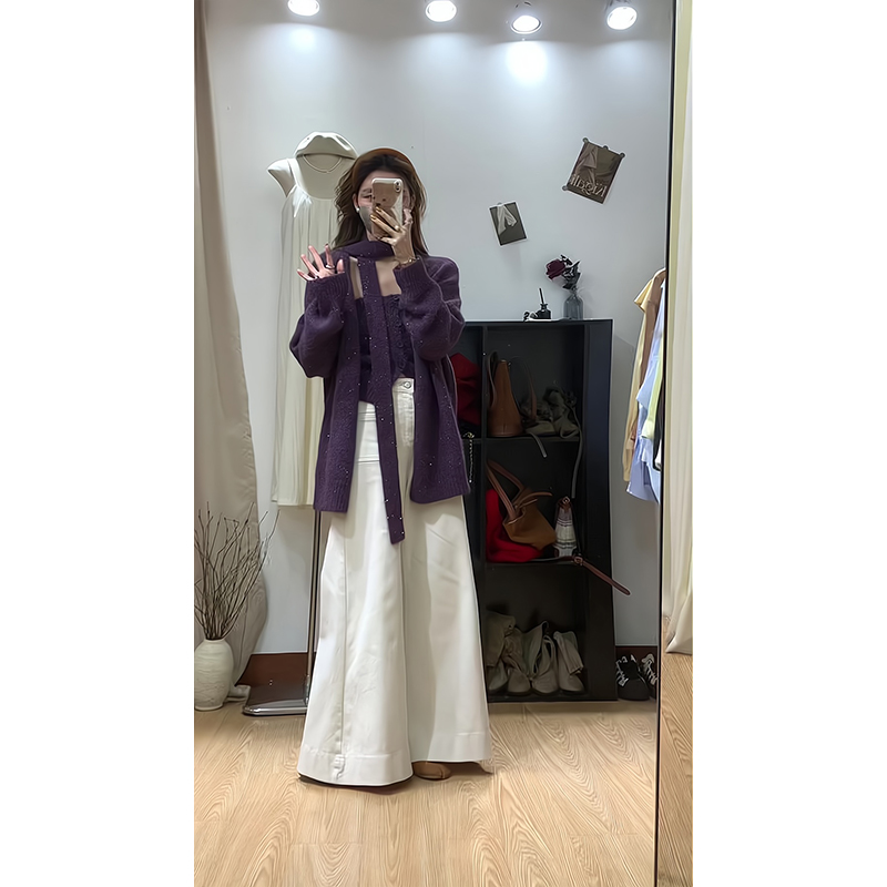 慵懒风针织毛衣外套穿搭抹胸上衣内搭阔腿裤高腰垂感休闲长裤子女