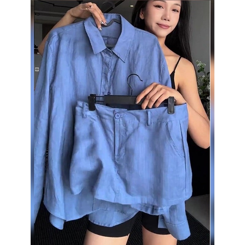 【现货】轻奢百搭蓝色衬衫短裙两件套装2025年夏季新款时尚潮流穿搭