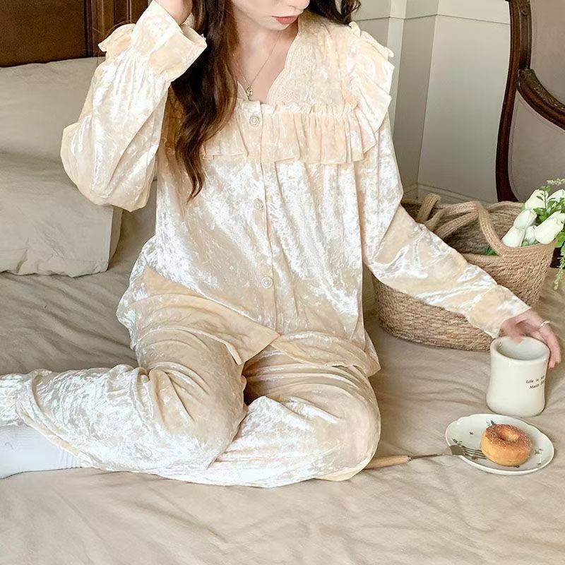 金丝绒睡衣女秋冬新款公主风长袖高级感开衫甜美保暖家居服套装Z