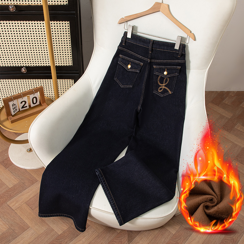 【山河锦绣】9700丹宁蓝加绒牛仔裤女2025年直筒阔腿裤子女款秋冬款