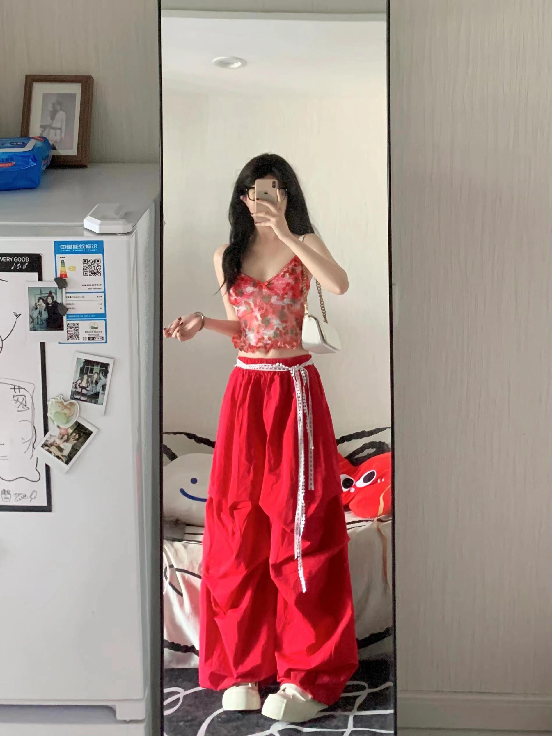 美式复古红色褶皱薄款伞兵裤女宽松休闲百搭街头爵士舞阔腿拖地裤