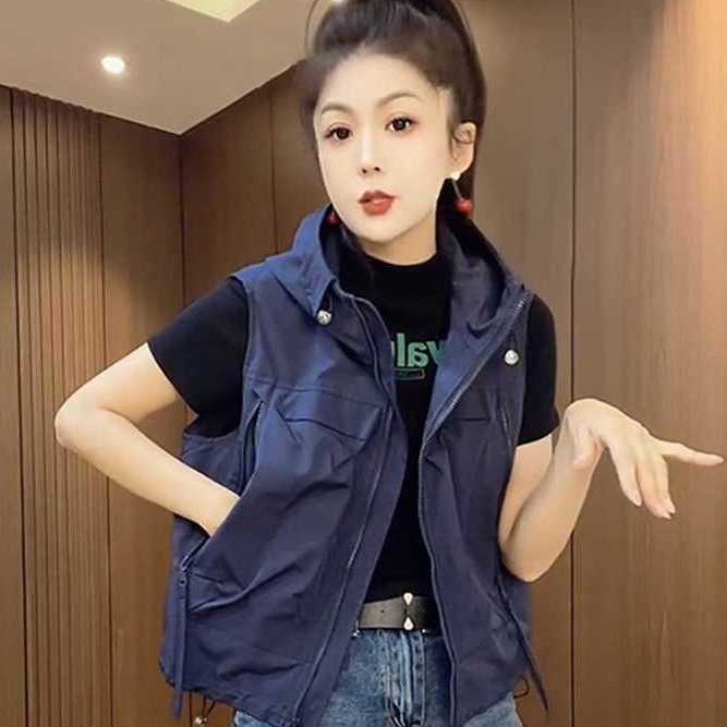 百搭春秋宽松型薄款常规短款马夹宽松夏季上衣洋气连帽休闲时尚