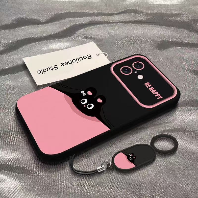 可爱趴趴小黑兔适用苹果17Promax手机壳16大视窗15磨砂14带指环扣