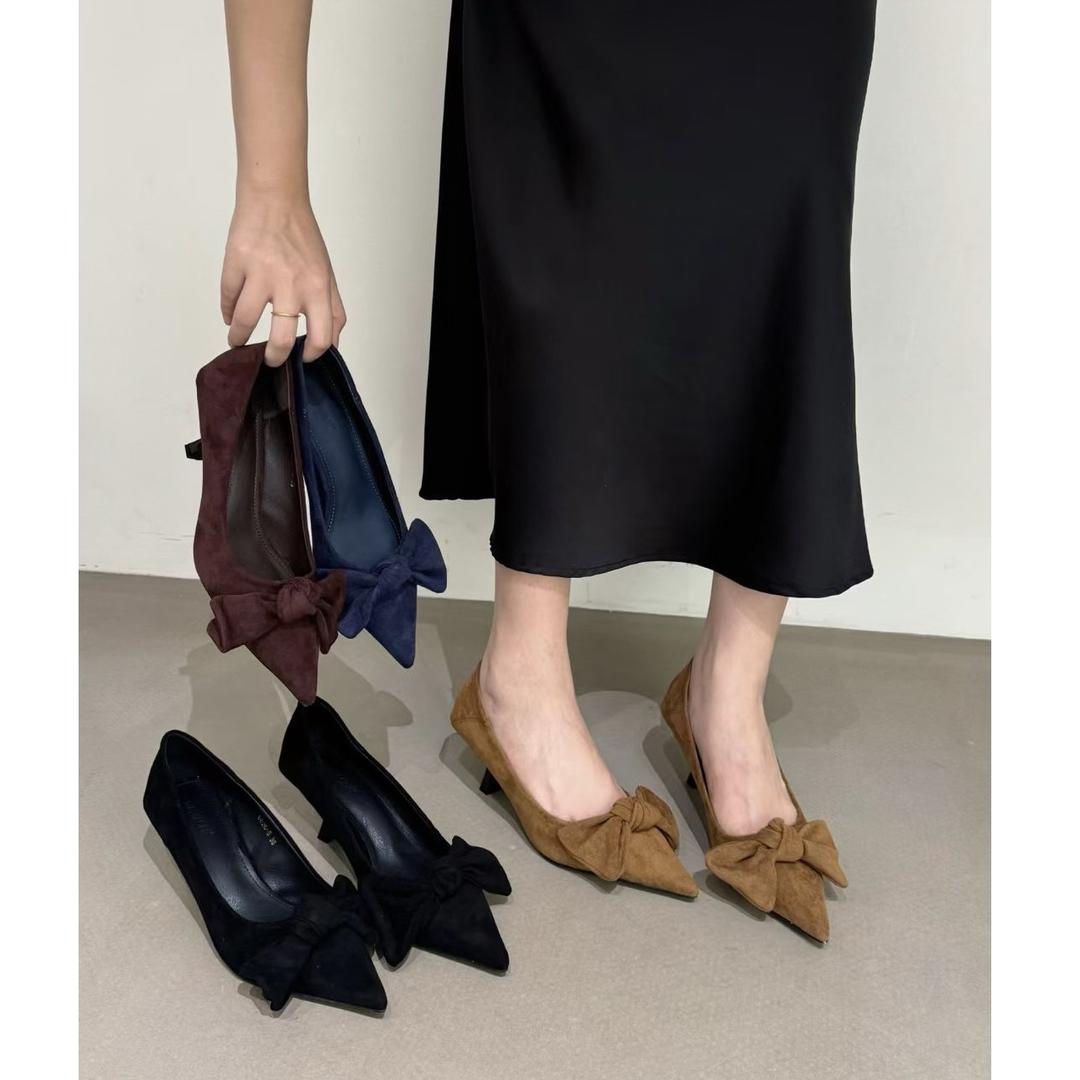 2025秋季新款尖头绒面蝴蝶结复古高跟鞋女时尚百搭细跟通勤单鞋