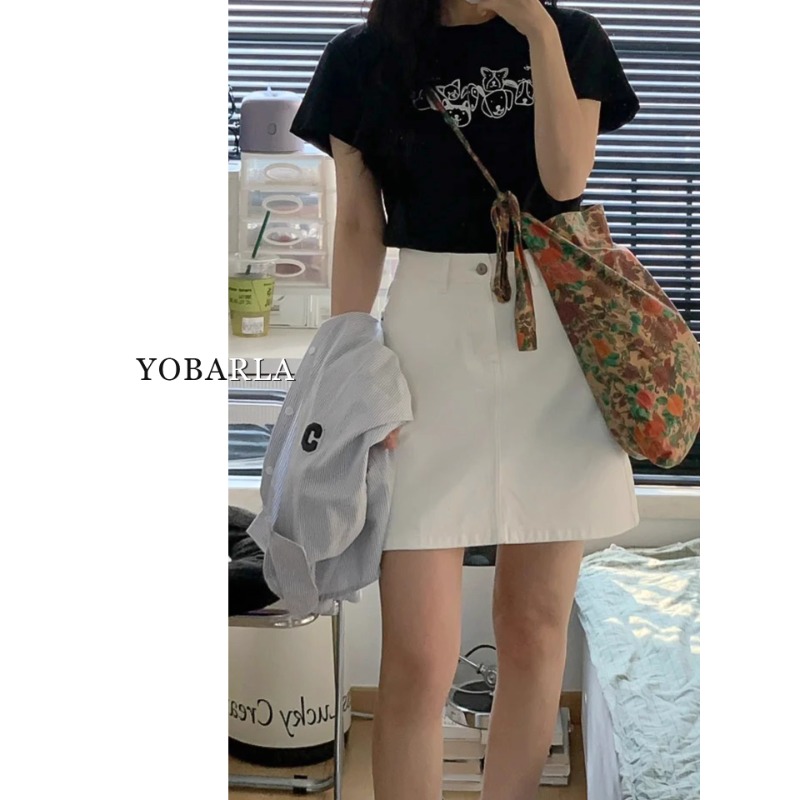 白色牛仔短裙女高腰秋冬新款大码胖mm遮肚显瘦梨型身材a字半身裙