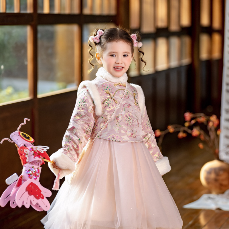 女童新款上新【假两件带小兔子装饰】汉服连衣裙2025年服D258110