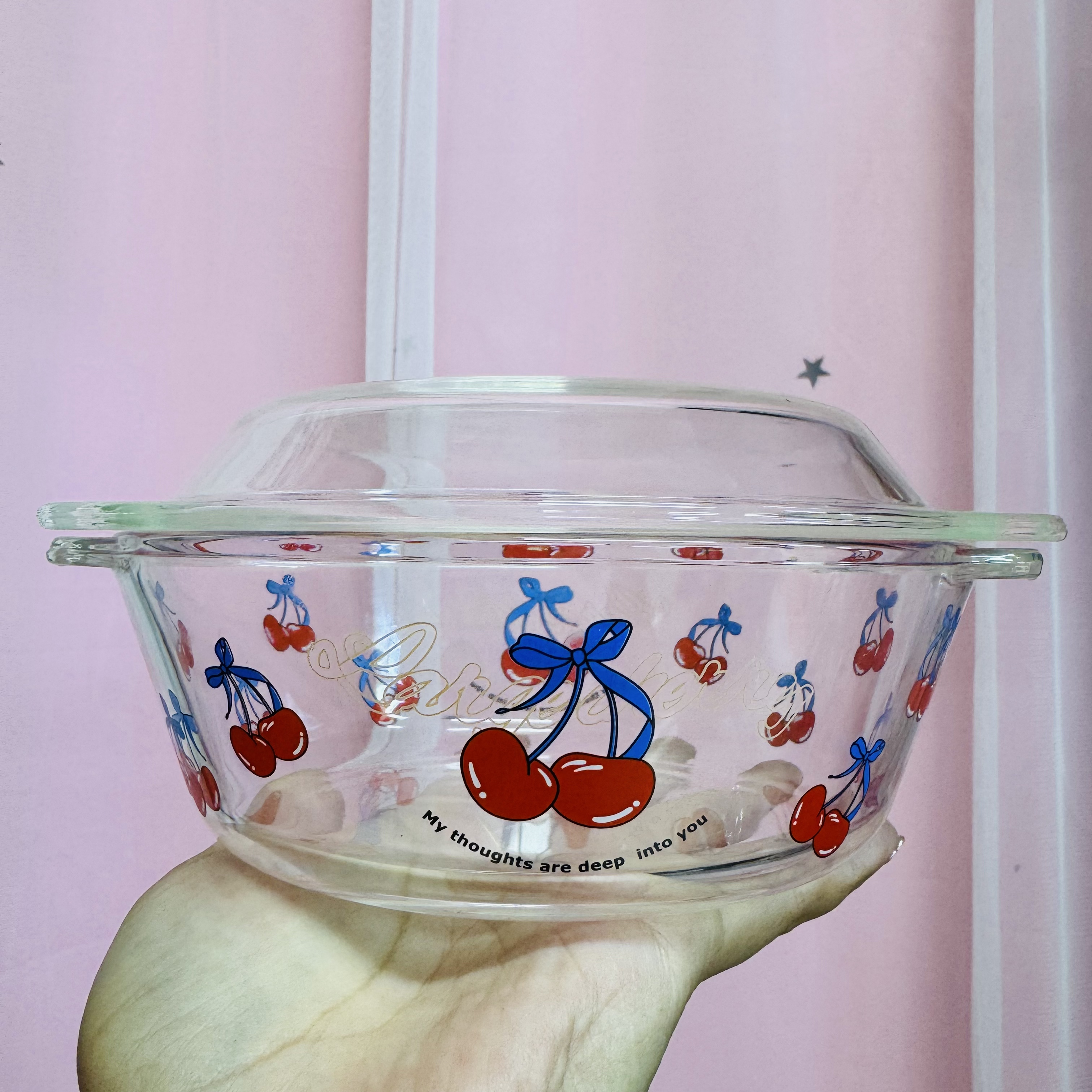 新款700ml樱桃带盖蒸蛋碗少女心高硼硅玻璃材质耐高温微波炉专用