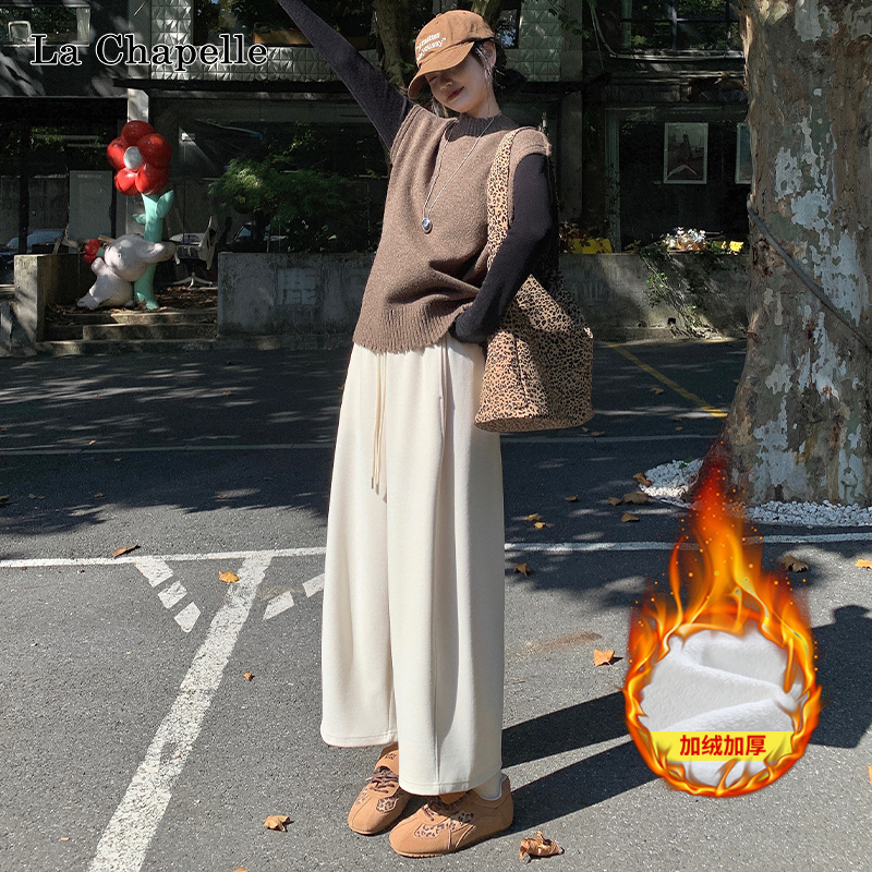 拉夏贝尔加绒九分休闲裤女秋冬季新款松紧高腰宽松显瘦哈伦奶奶裤
