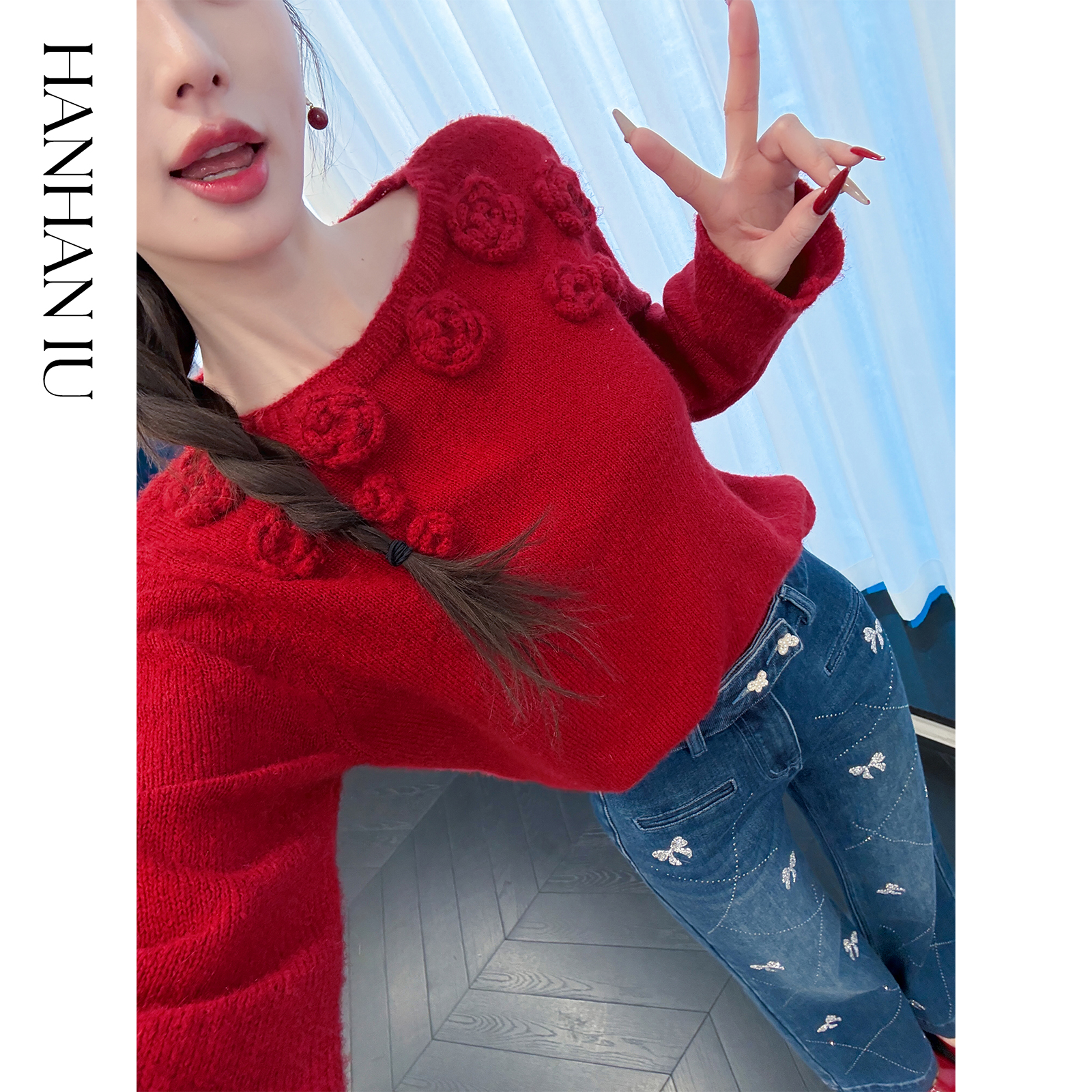 韩韩IU【玫瑰颂歌】高定绵羊毛保暖亲肤手工立体花朵女士套头毛衣