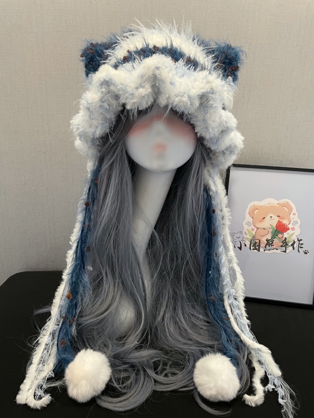 蓝屿冬季可爱针织加厚保暖护耳猫耳帽女百搭户外精灵帽甜美兔耳朵