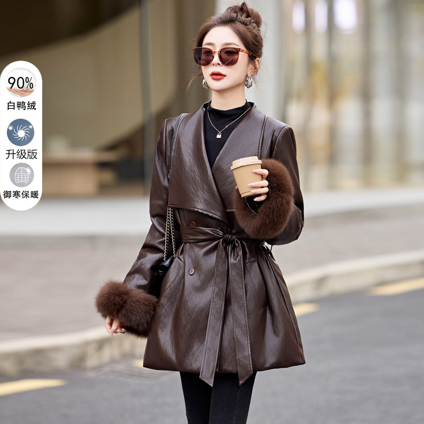 免洗皮羽绒服女中长款2025冬季新款高级感气质收腰保暖白鸭绒外套