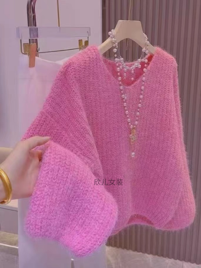 甜美温柔风粉色V领长袖套头针织衫女秋冬小个子加厚毛衣减龄上衣