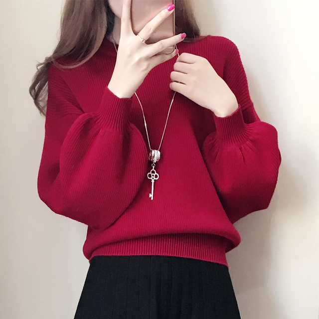 酒红色毛衣女秋冬季新款圆领套头灯笼袖针织衫宽松慵懒风加厚上衣