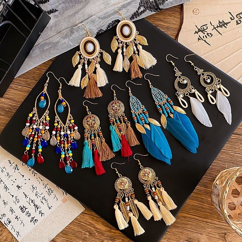 合金耳饰 波西米亚民族风流苏耳环度假风百搭显脸小复古耳饰
