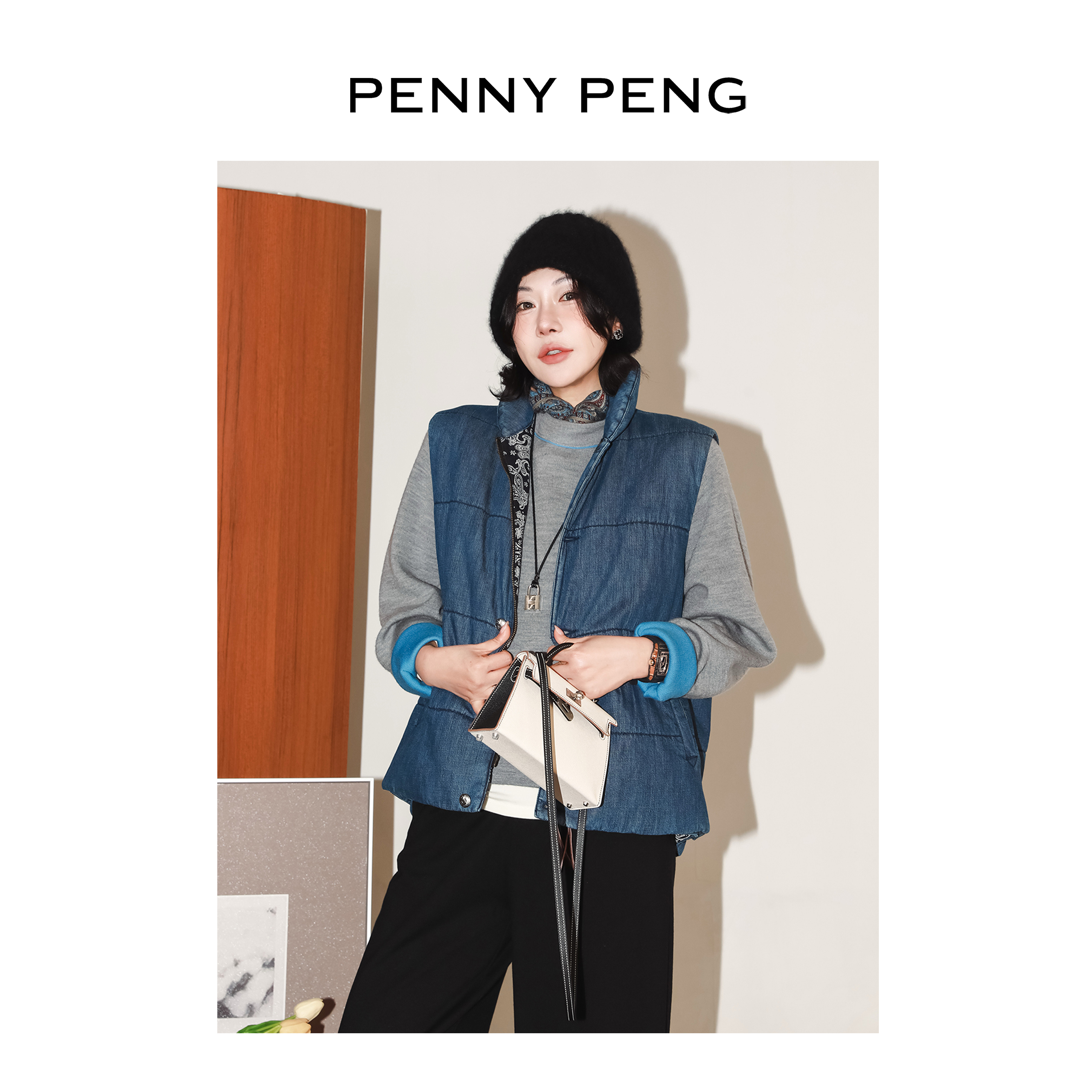 PENNYPENG 审美符号 秋冬新款立领双面穿重工全棉洗水牛仔蓝马甲