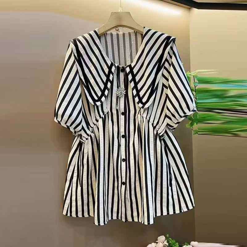 胖MM大码女装洋气时尚收腰显瘦遮肉条纹衬衣夏季新款宽松减龄衬衫