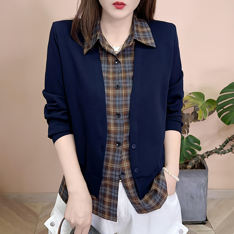 时尚撞色拼接假两件长袖卫衣女2025年秋冬新款修身显瘦polo领上衣