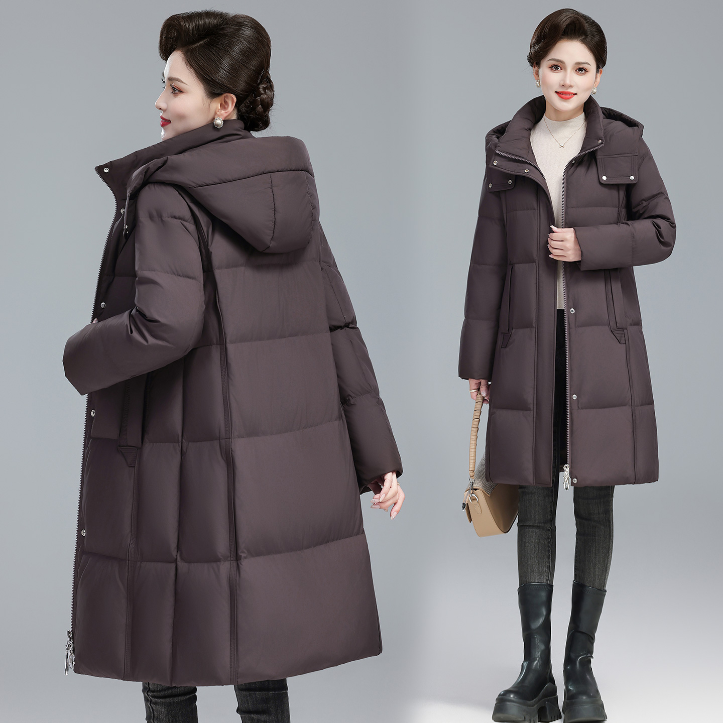 2025冬新款中长纯色白鸭绒妈妈时尚羽绒服中年加厚保暖减龄鸭绒服