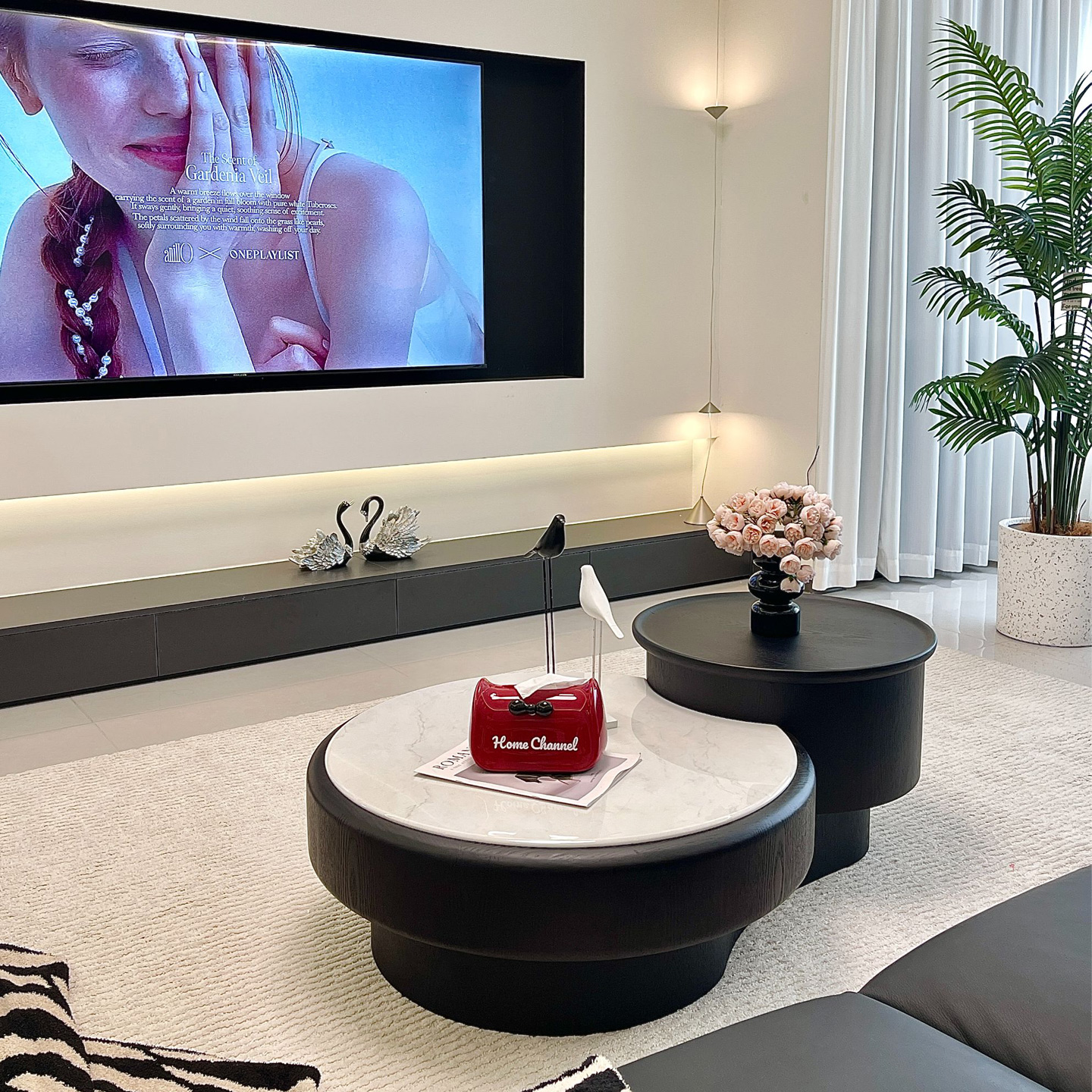 意式极简黑色复古风大小茶几组合圆形木纹茶桌家用小户型伸缩储物