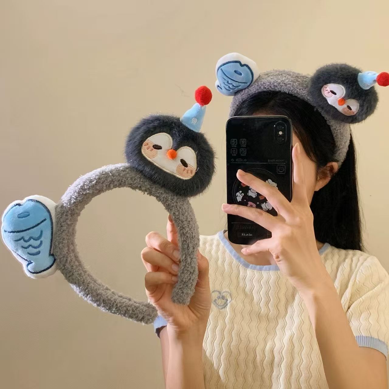 可爱创意企鹅小鱼毛绒发箍女卡通萌趣头饰发卡洗脸拍照压发头箍