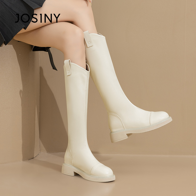 卓诗尼厚底长筒靴女款2024冬季新款骑士靴加绒白色高筒大筒围靴子