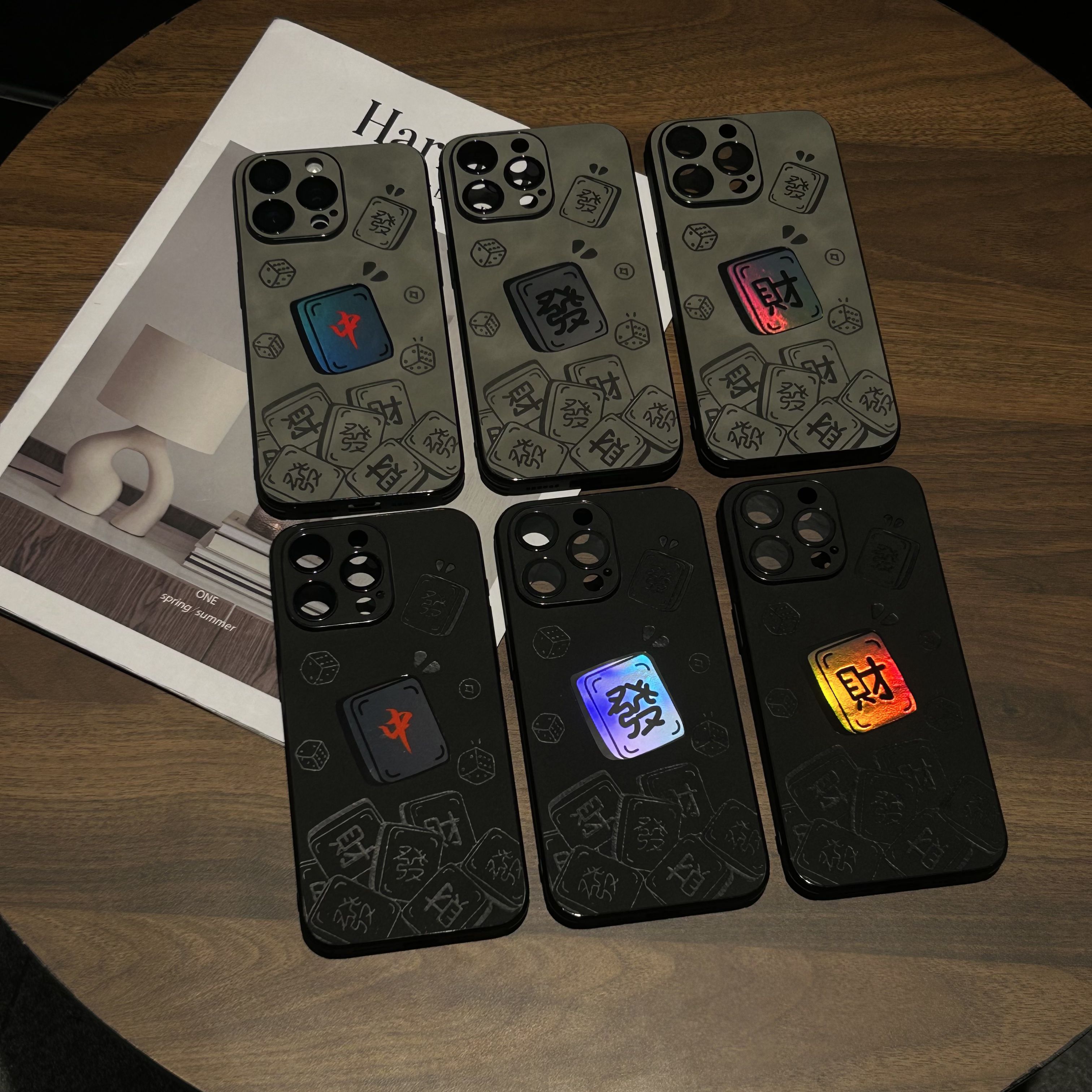 潮牌麻将中发财苹果16promax手机壳iphone15全包镜头13情侣14个性