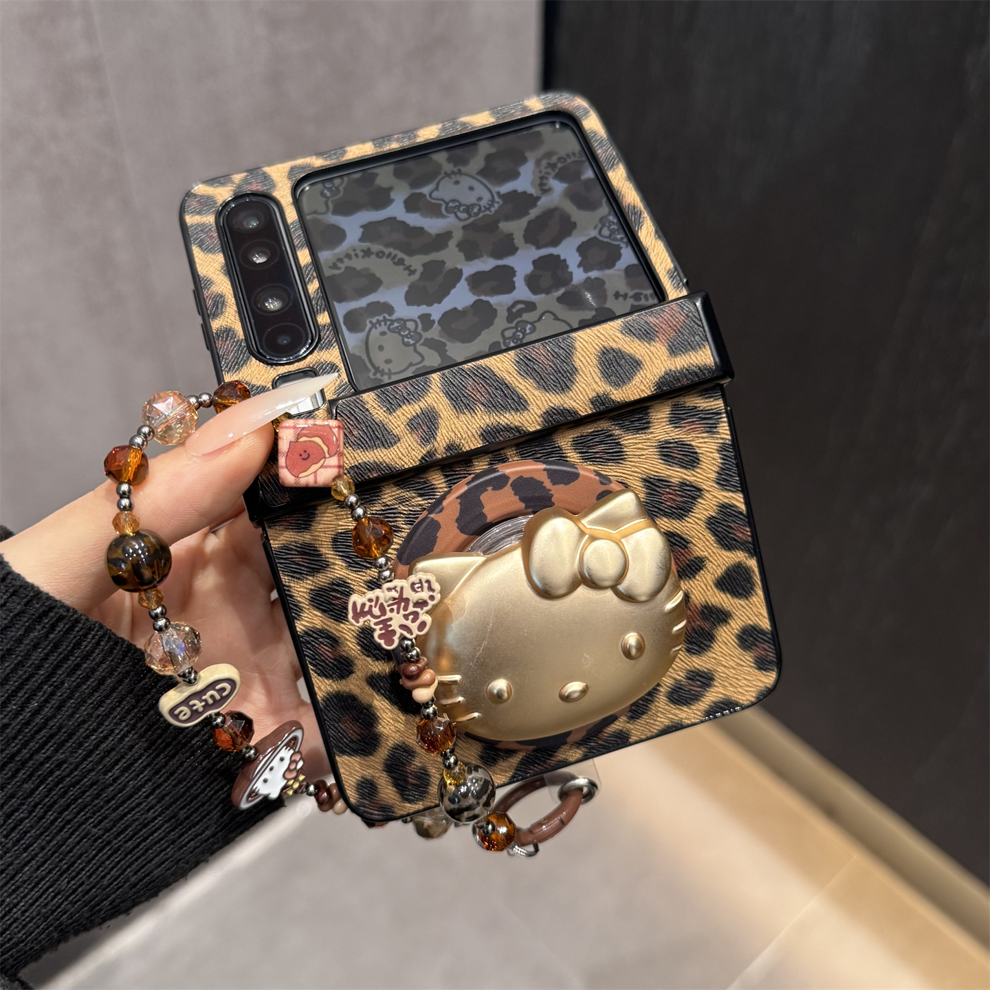 适用华为purax折叠屏手机壳棕色皮质pocket2豹纹金色kt猫磁吸支架