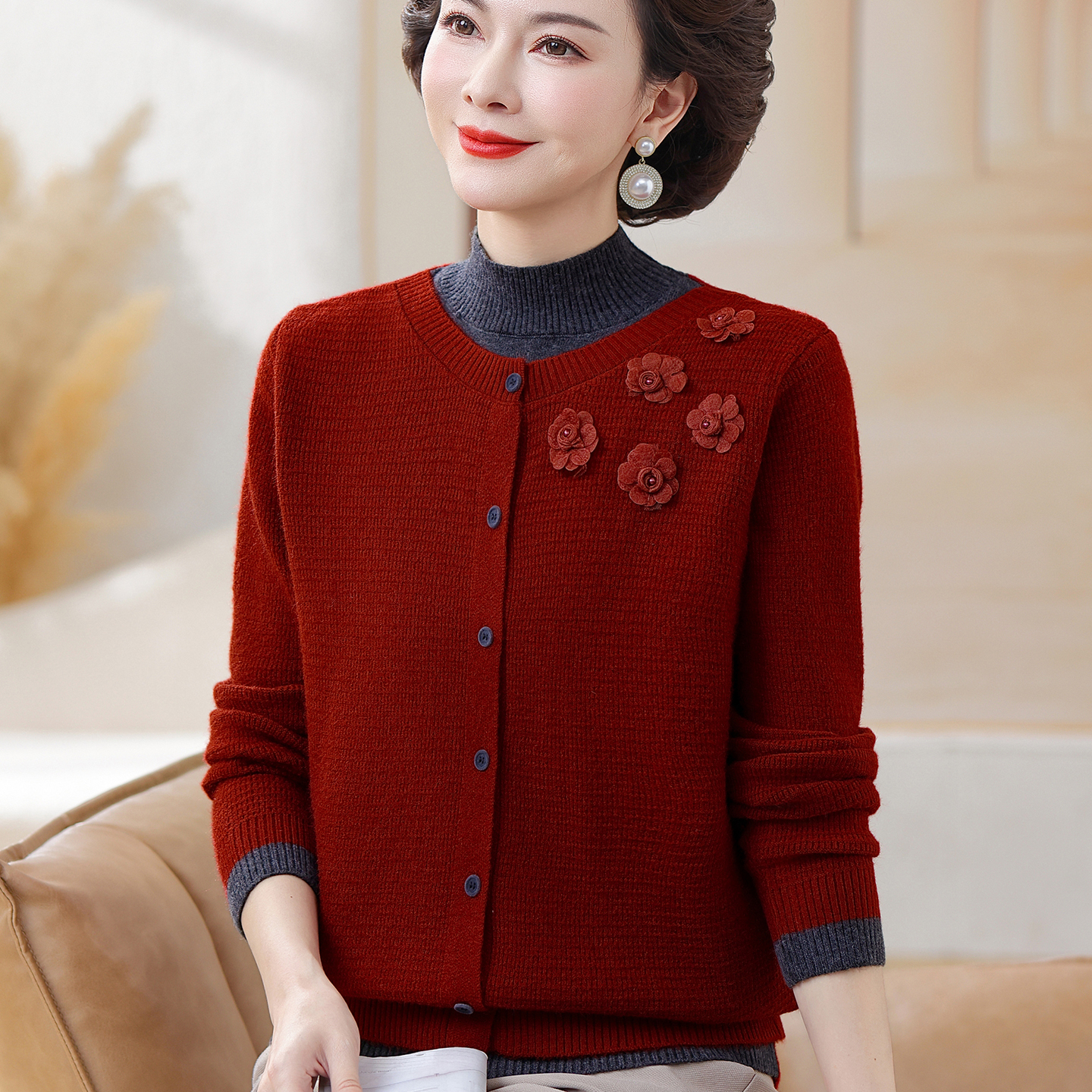 假两件针织开衫打底衫秋冬款女士毛衣时尚洋气妈妈上衣2025新款