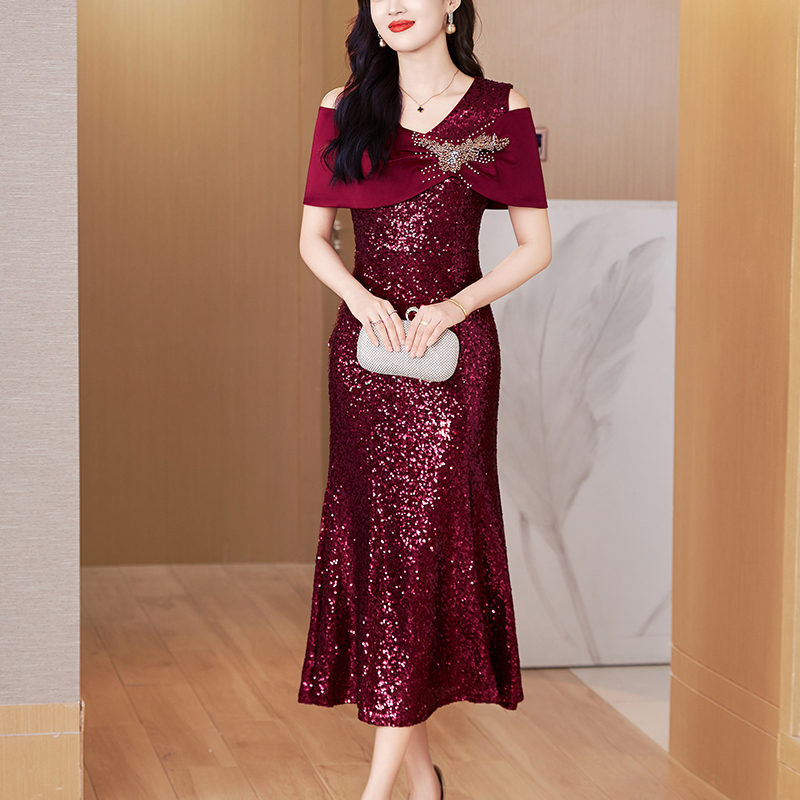 旗袍高端大气上档次夏季喜婆婆婚宴装披肩式亮片礼服连衣裙鱼尾裙