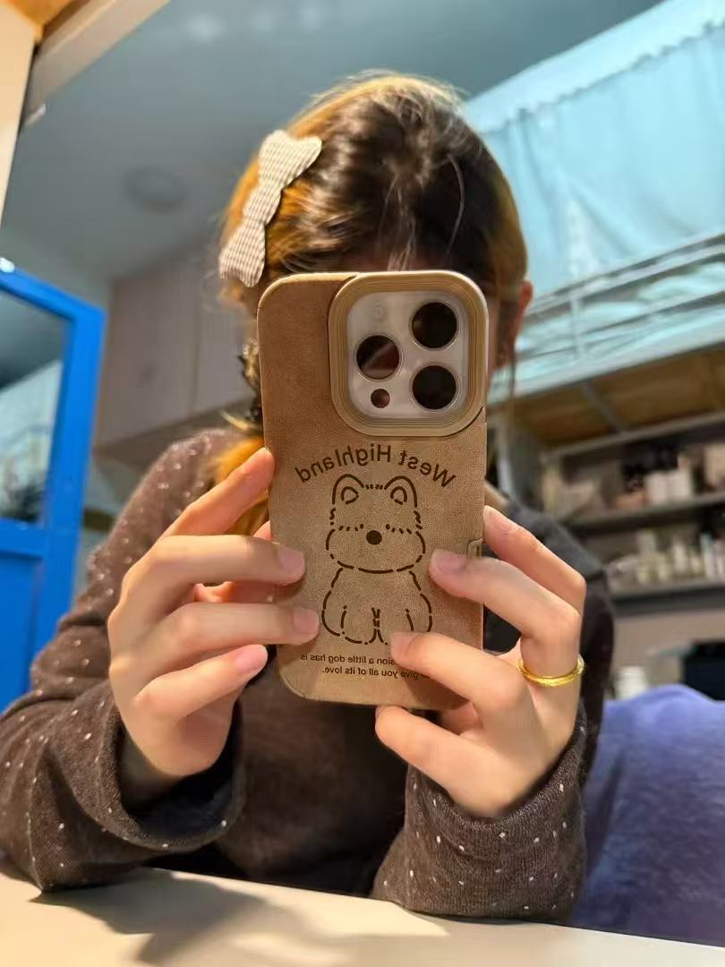 英文线条西高地适用苹果17promax手机壳16创意15翻毛皮14卡通13套