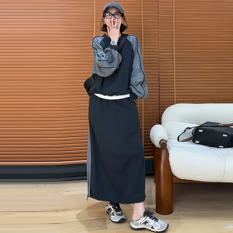 慵懒风休闲套装女士2025年秋冬新款宽松显瘦撞色卫衣半身裙两件套