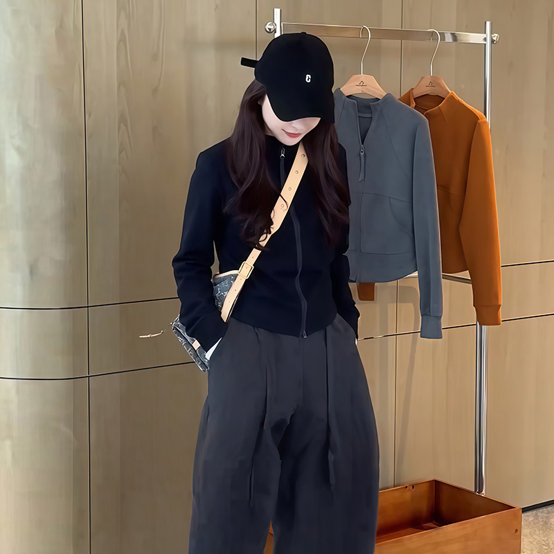 黑色立领双拉链长袖开衫卫衣外套女款2025早秋新款小个子短款上衣