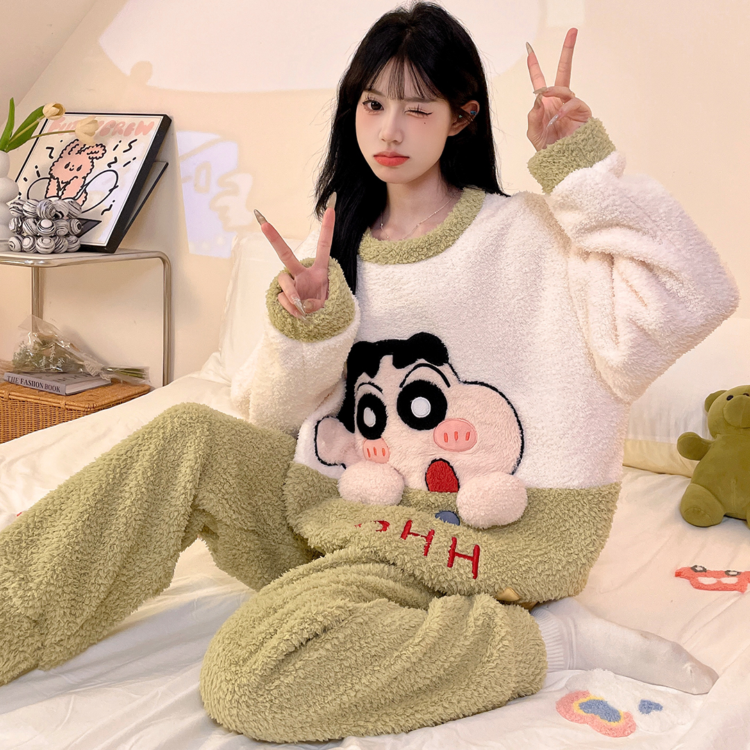 初中生睡衣法兰绒秋冬季卡通女孩加绒加厚珊瑚绒13岁大童15半边绒