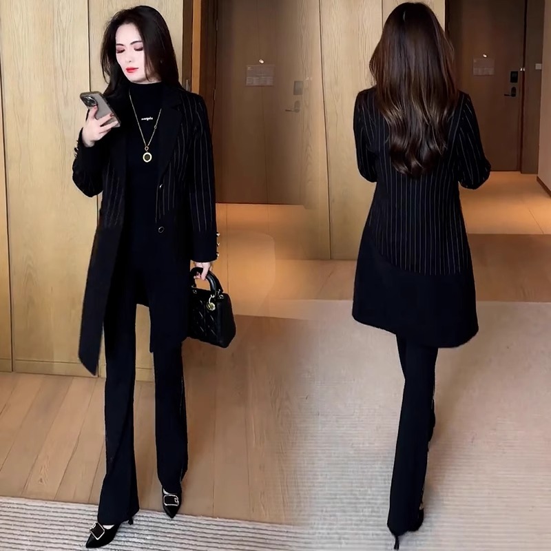 黑色条纹风衣外套女中长款2025年春秋季新款洋气质修身西装领大衣