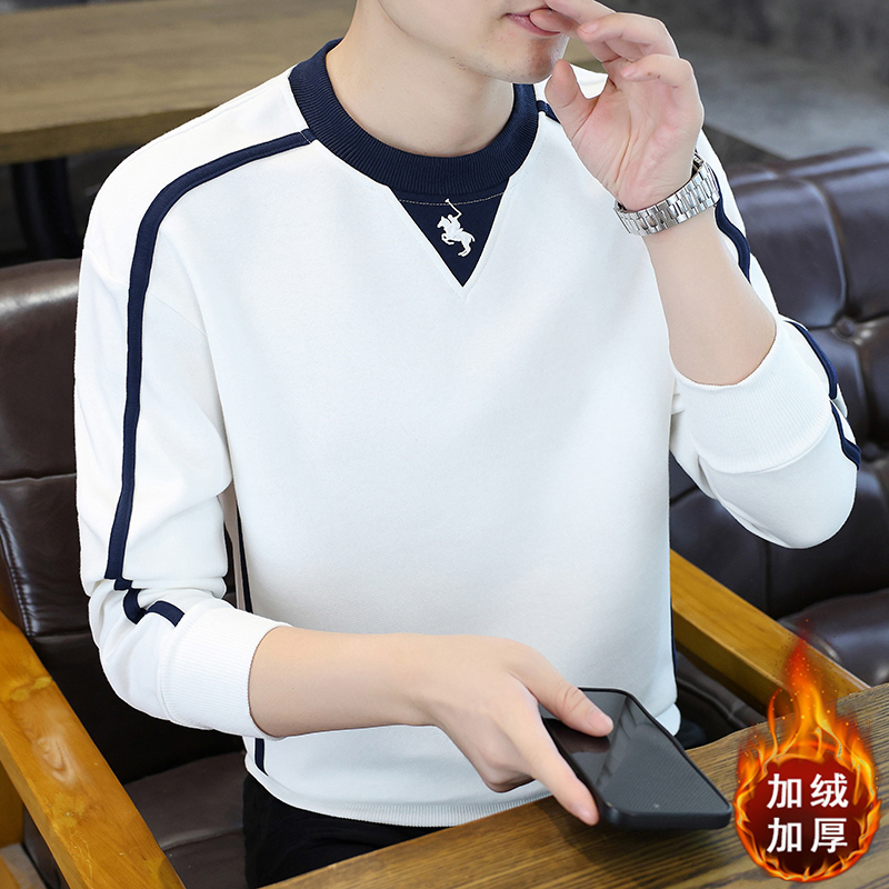 男士圆领加绒加厚卫衣男装潮流百搭秋冬季保暖长袖打底衫时尚男装
