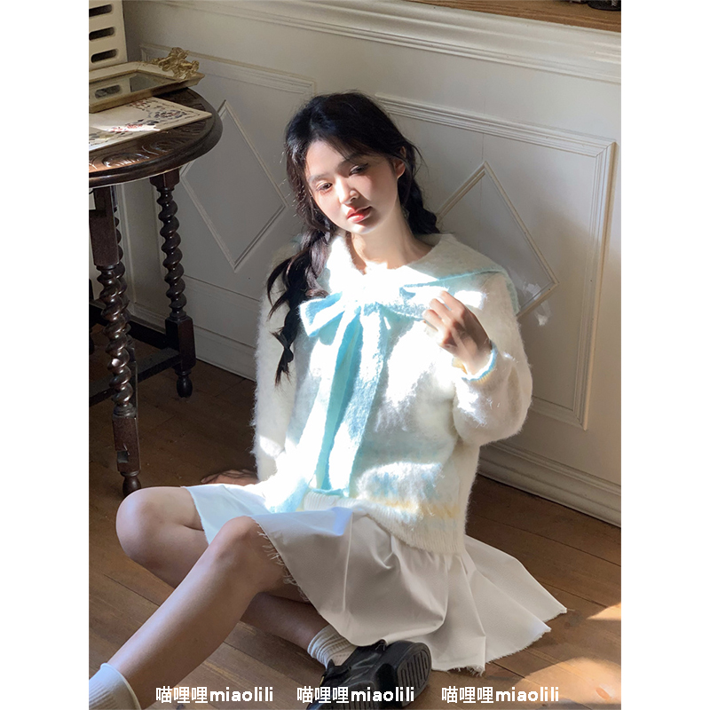 喵哩哩miaolili 韩系甜美减龄重工提花娃娃领蝴蝶结开衫毛衣秋冬