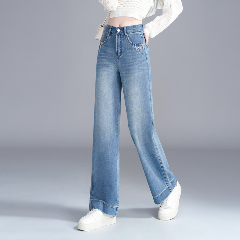 正品高端时尚窄版阔腿牛仔裤女2025秋季新款显瘦刺绣百搭直筒裤子
