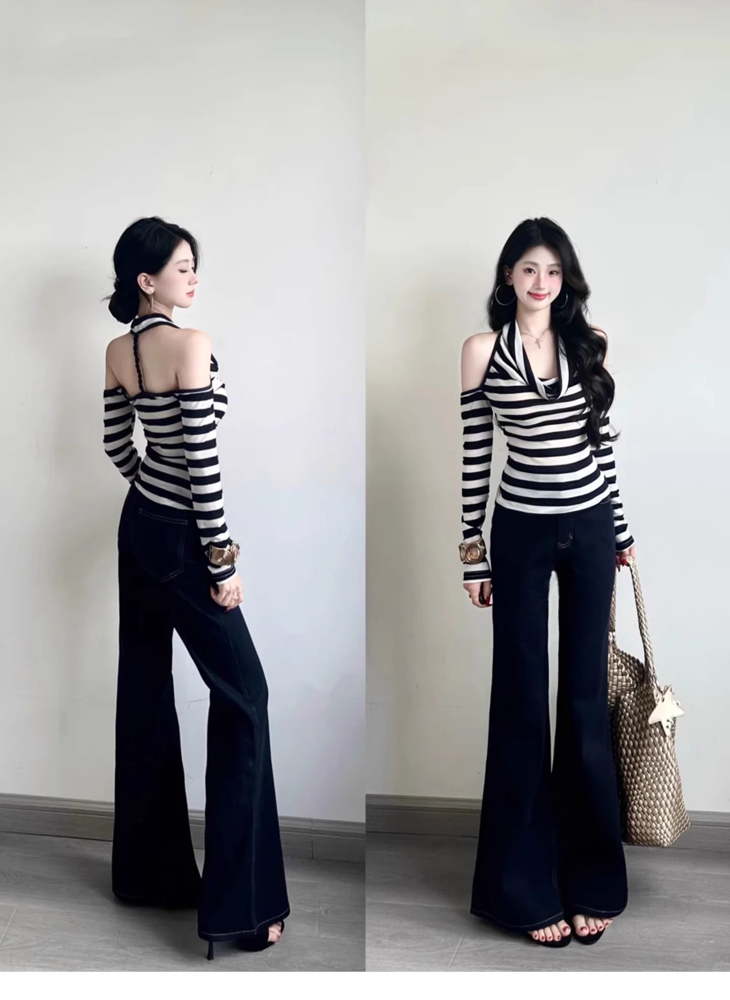 美式条纹荡领露肩T恤女早秋季纯欲辣妹气质修身显瘦薄款上衣