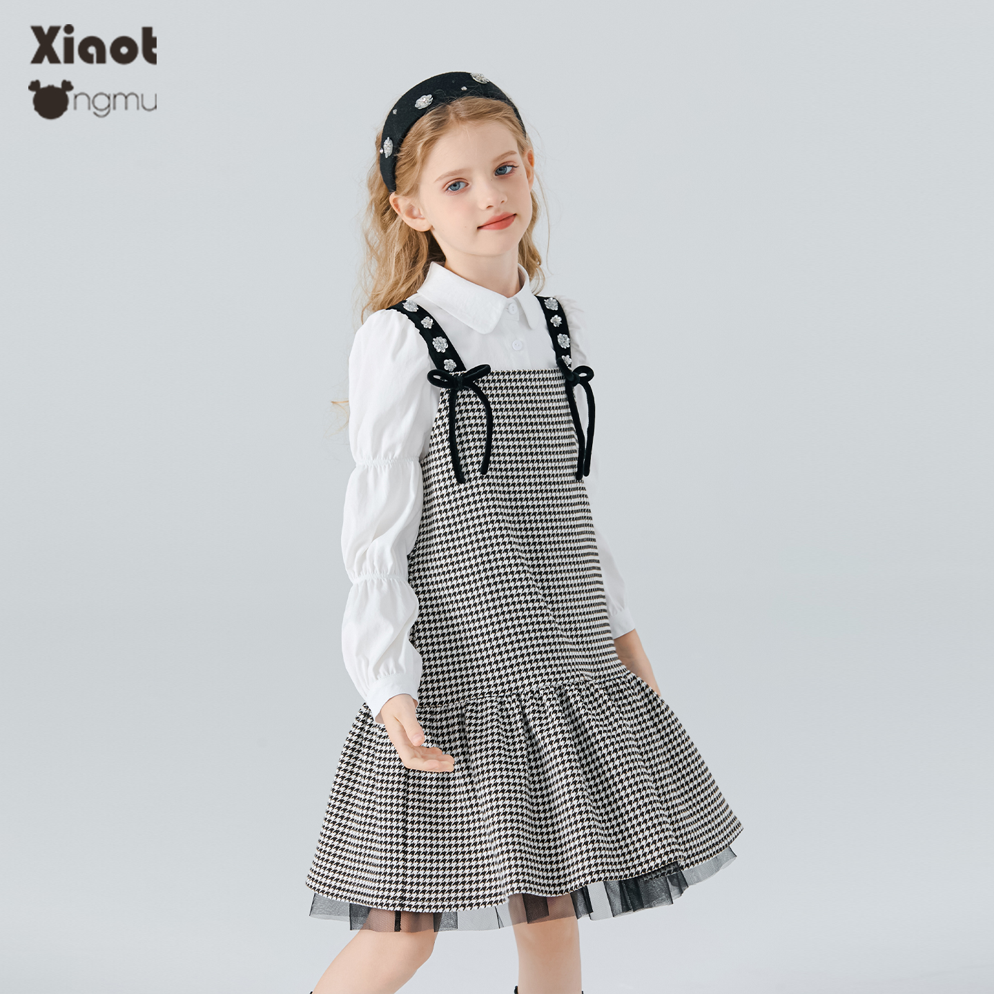 小童木 复古千鸟格女童连衣裙秋季2025新款女大童小香风背心裙子