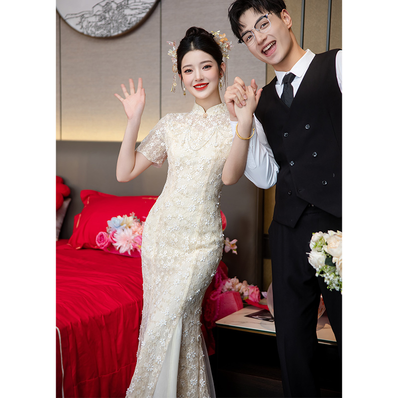 新中式旗袍改良版鱼尾裙2025新款新娘订婚礼服回门便装高级感修身