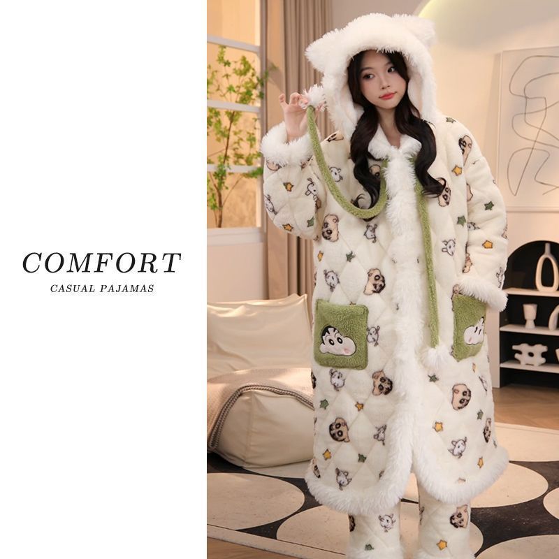 三层夹棉2025年保暖睡袍女冬季加绒加厚连帽珊瑚绒家居服套装外穿