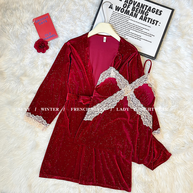 睡衣女款春秋季2025新款冬性感金丝绒长袖浴袍吊带睡裙酒红两件套