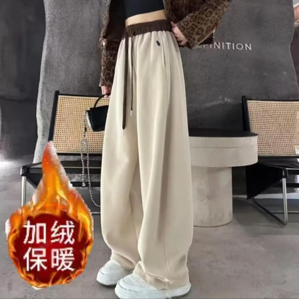 2561加绒冬季新款加绒加厚弯刀裤拼色高腰休闲裤时尚百搭女裤子潮