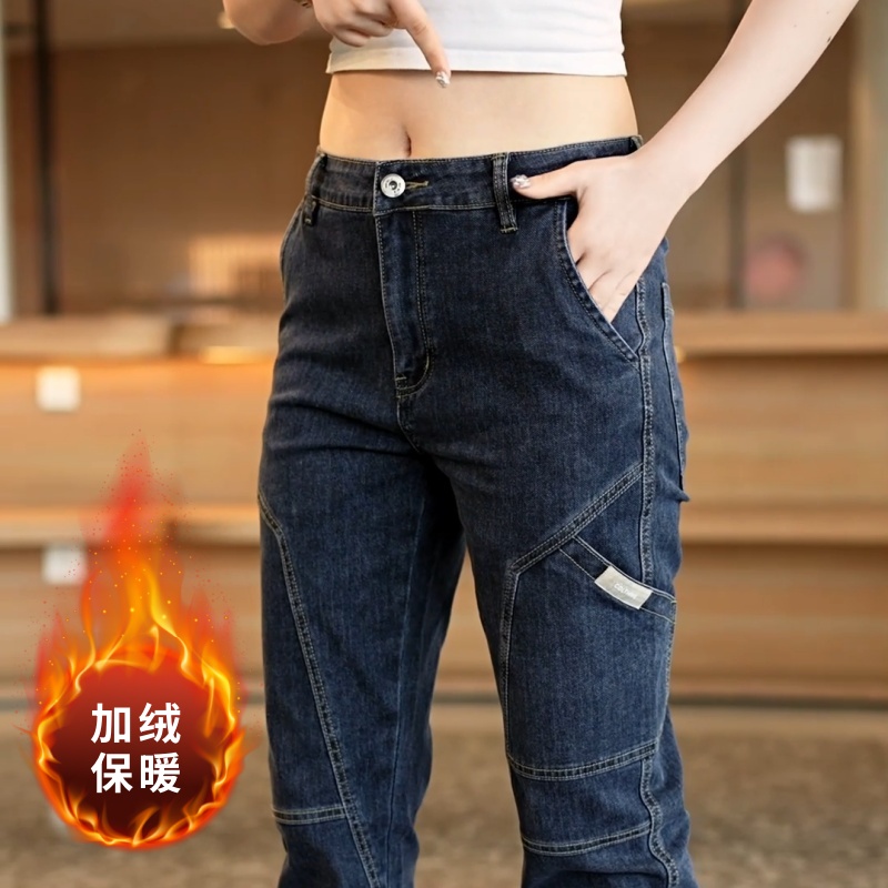 秋冬型男穿搭加绒男士牛仔裤百搭弹力拼接个性牛仔潮流男式直筒裤