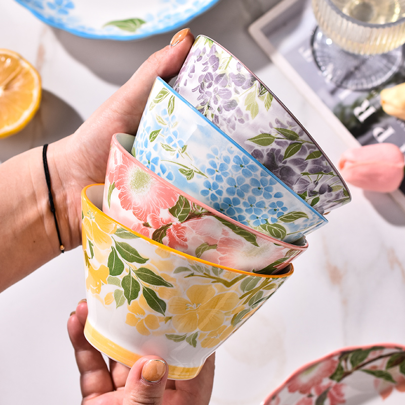 一路生花陶瓷家用5英寸斗笠碗釉下彩创意高颜值轻奢吃饭碗高脚碗