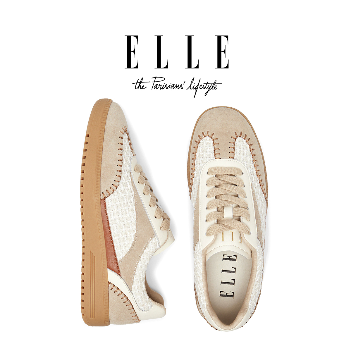 ELLE网面透气橡胶厚底德训鞋女2025年新款街头风拼色百搭休闲板鞋