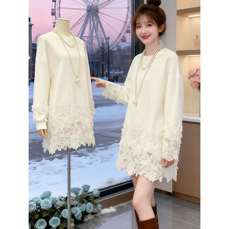 白色蕾丝拼接t恤女2025秋冬新款内搭打底加绒保暖减龄中长款上衣