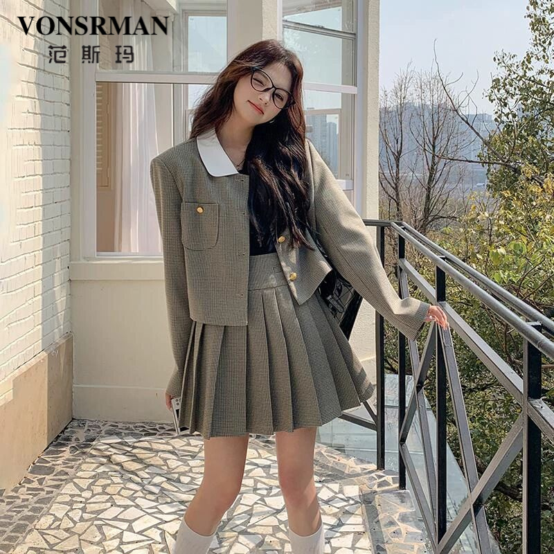 韩系小香风连衣裙套装女春季2025新款撞色小翻领上衣百褶裙两件套