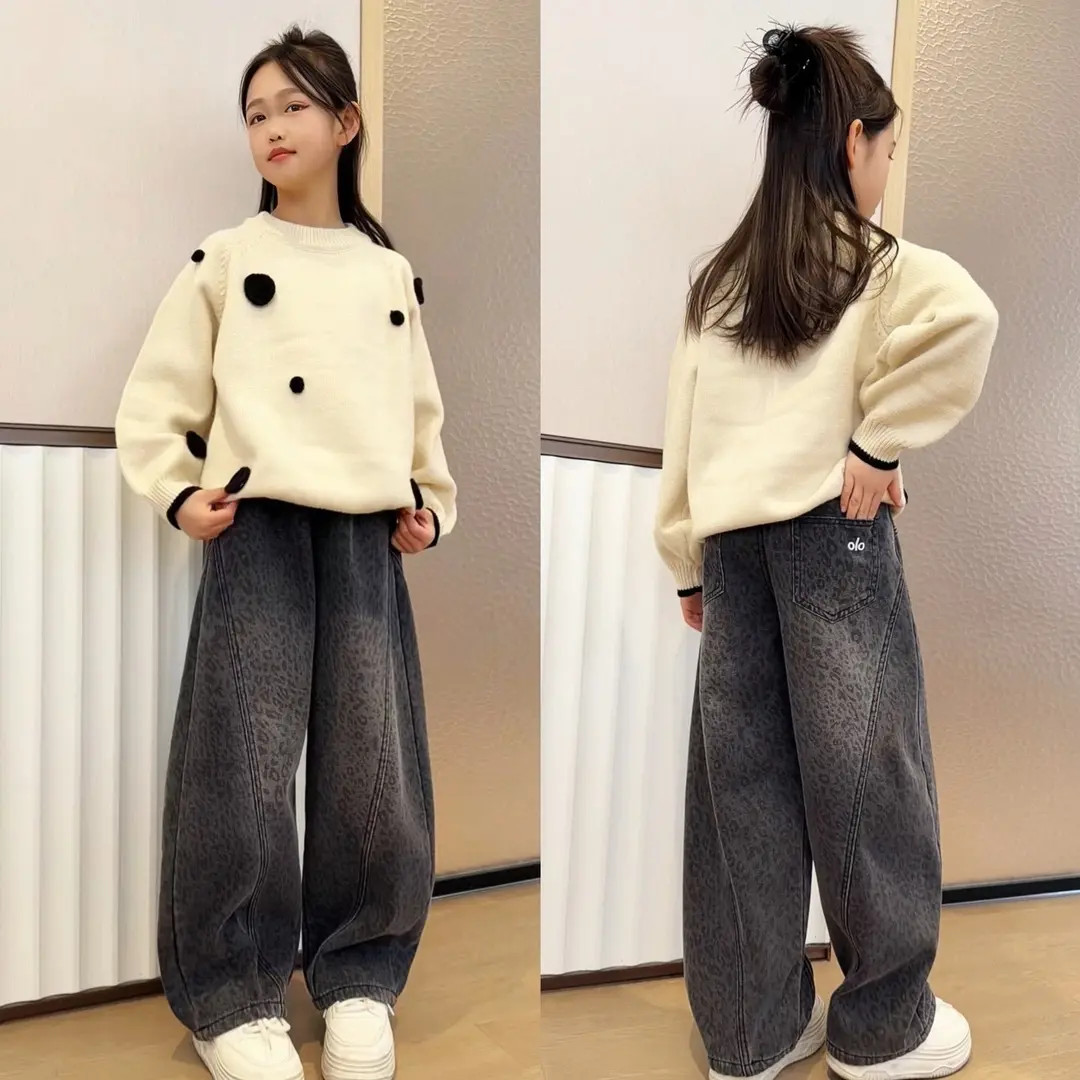 女童秋冬长袖加厚毛衣套装中大童加绒牛仔裤少女风针织衫韩版宽松