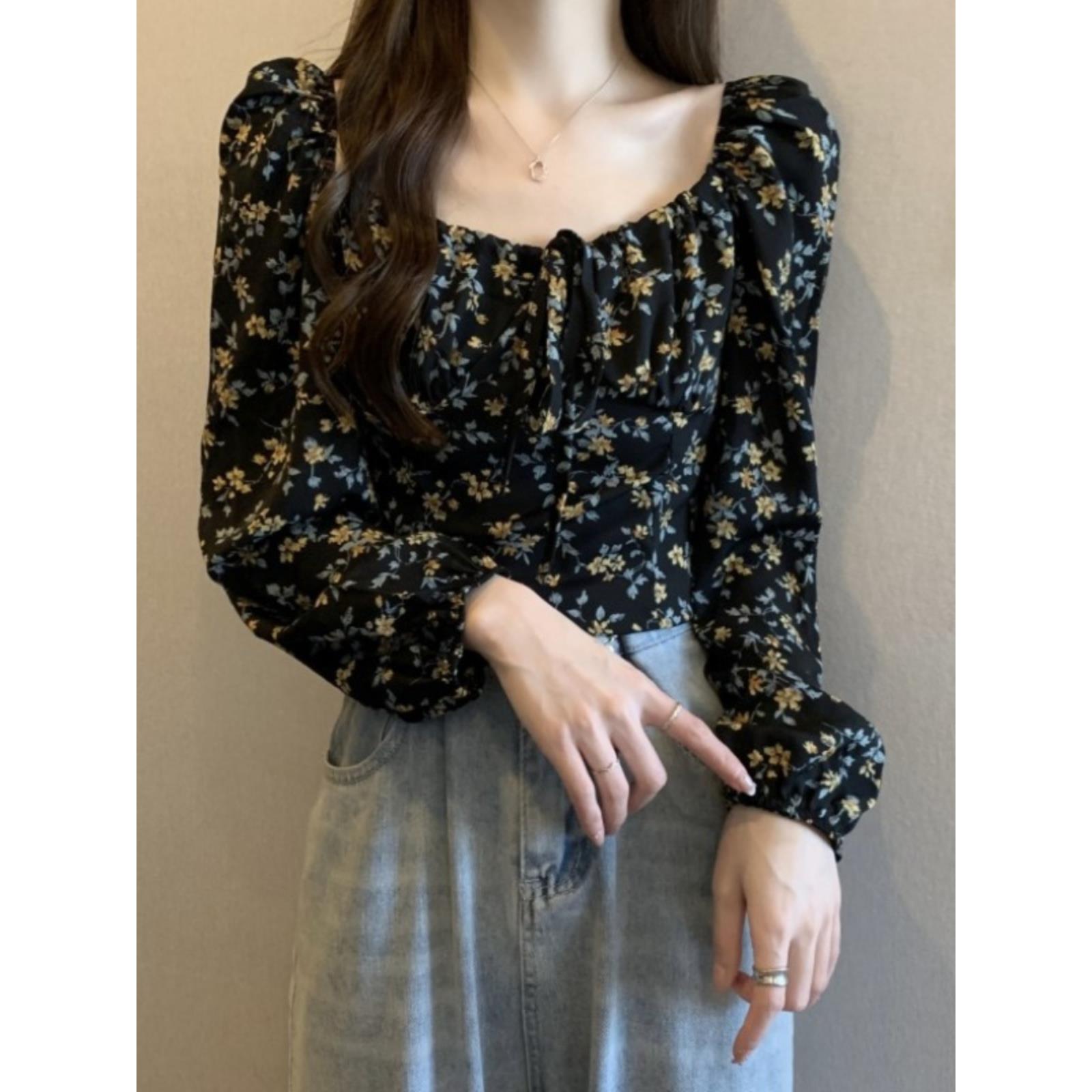 大码法式方领碎花长袖雪纺衬衫女春秋胖mm显瘦复古别致泡泡袖上衣